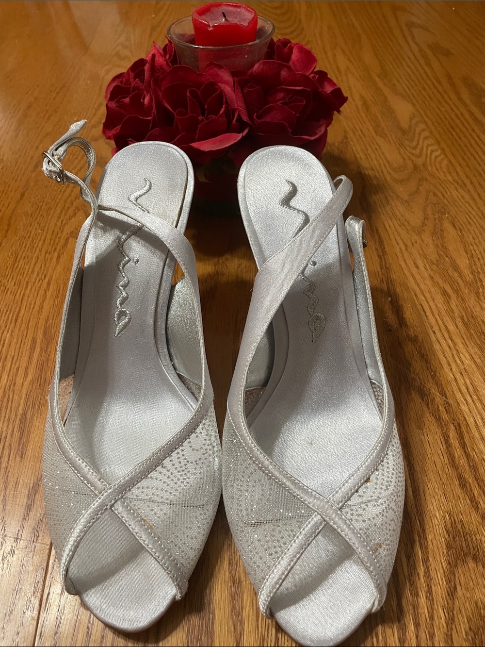 Nina Silver Satin Crisscross Slingback Heels